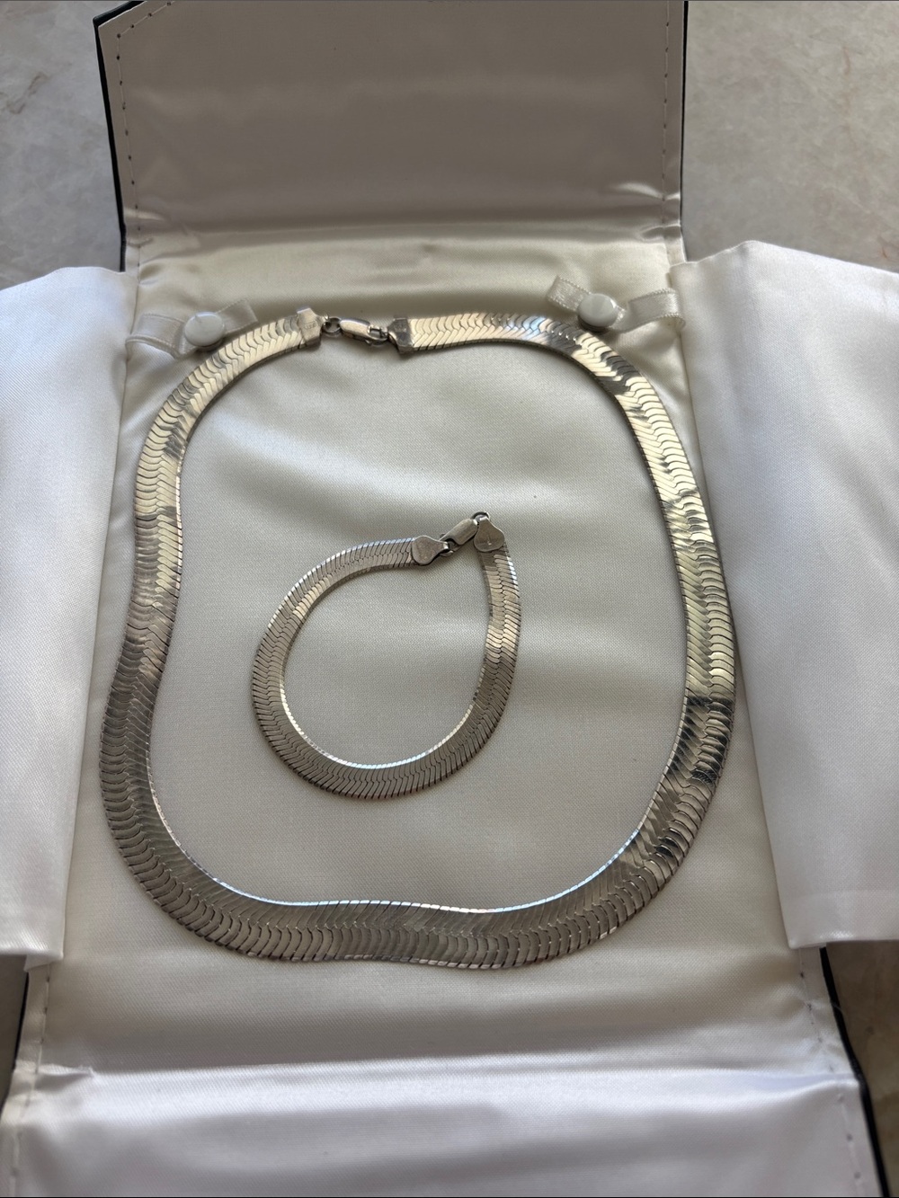 925 Sterling Silver Herringbone Necklace and Bracelet Set